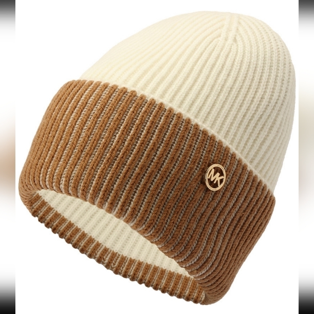 Michael Kors Women's colorblocked Plaited Fisherman Rib Cuff Beanie Winter hat